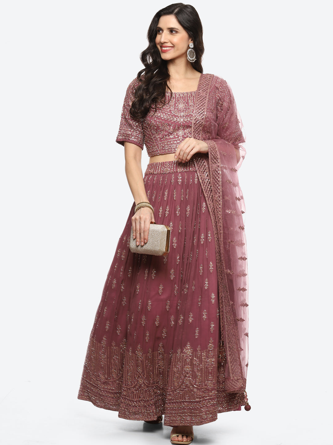 Resham Embroidered Georgette Choli With Lehenga &amp; Net Dupatta