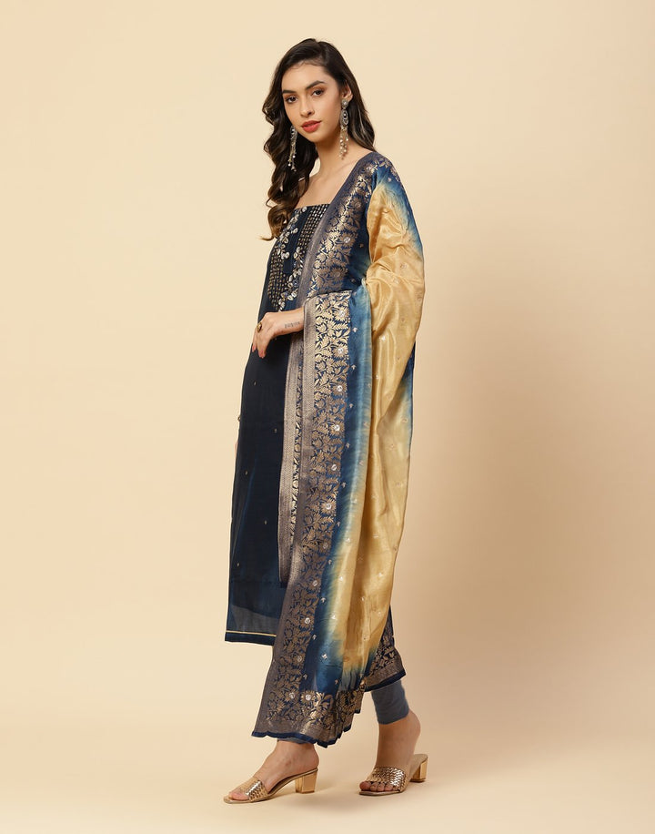 Embroidered Chanderi Suit Piece With Banarasi Dupatta