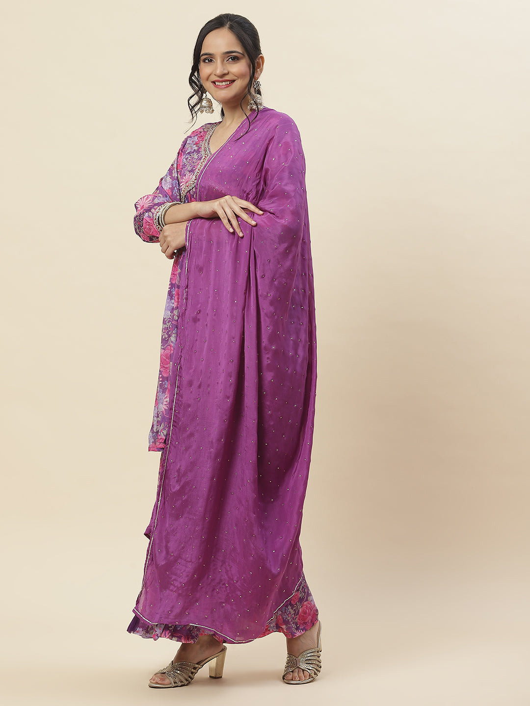 Floral Printed Chinnon Kurti With Garara &amp; Dupatta