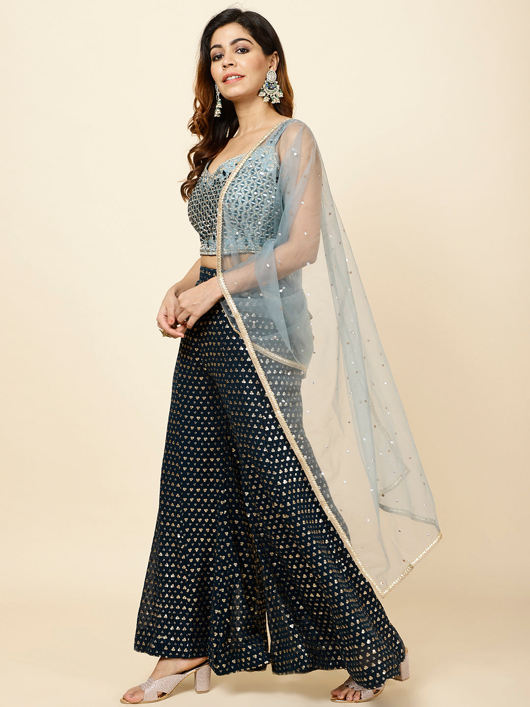 Mirror Work Embroidered Georgette Crop Top With Sharara &amp; Dupatta