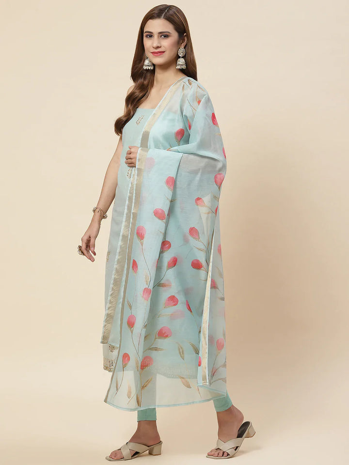 Embroidered Chanderi Unstitched Suit Piece With Floral Dupatta