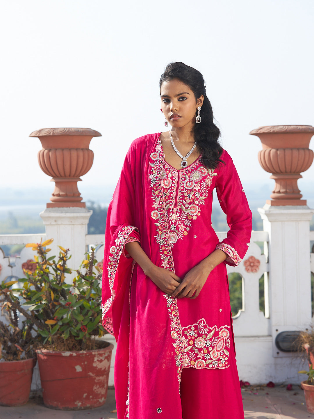Rani Embroidered Chinon Kurta Palazzo with Dupatta