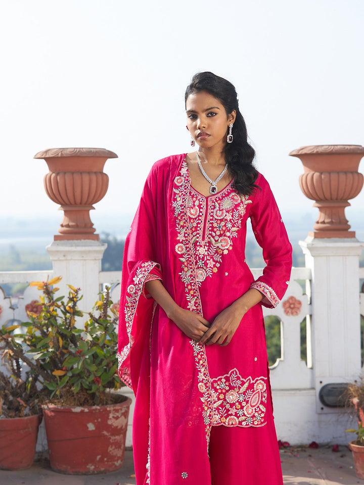 Rani Embroidered Chinon Kurta Palazzo with Dupatta