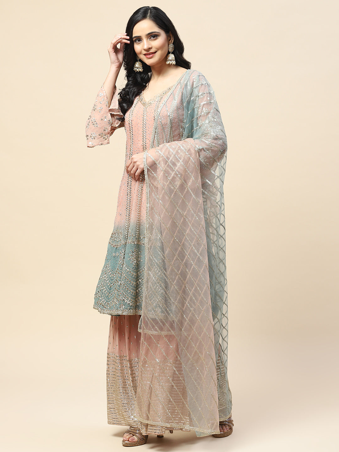 Zari Jaal Stone Georgette Kurta With Garara &amp; Dupatta