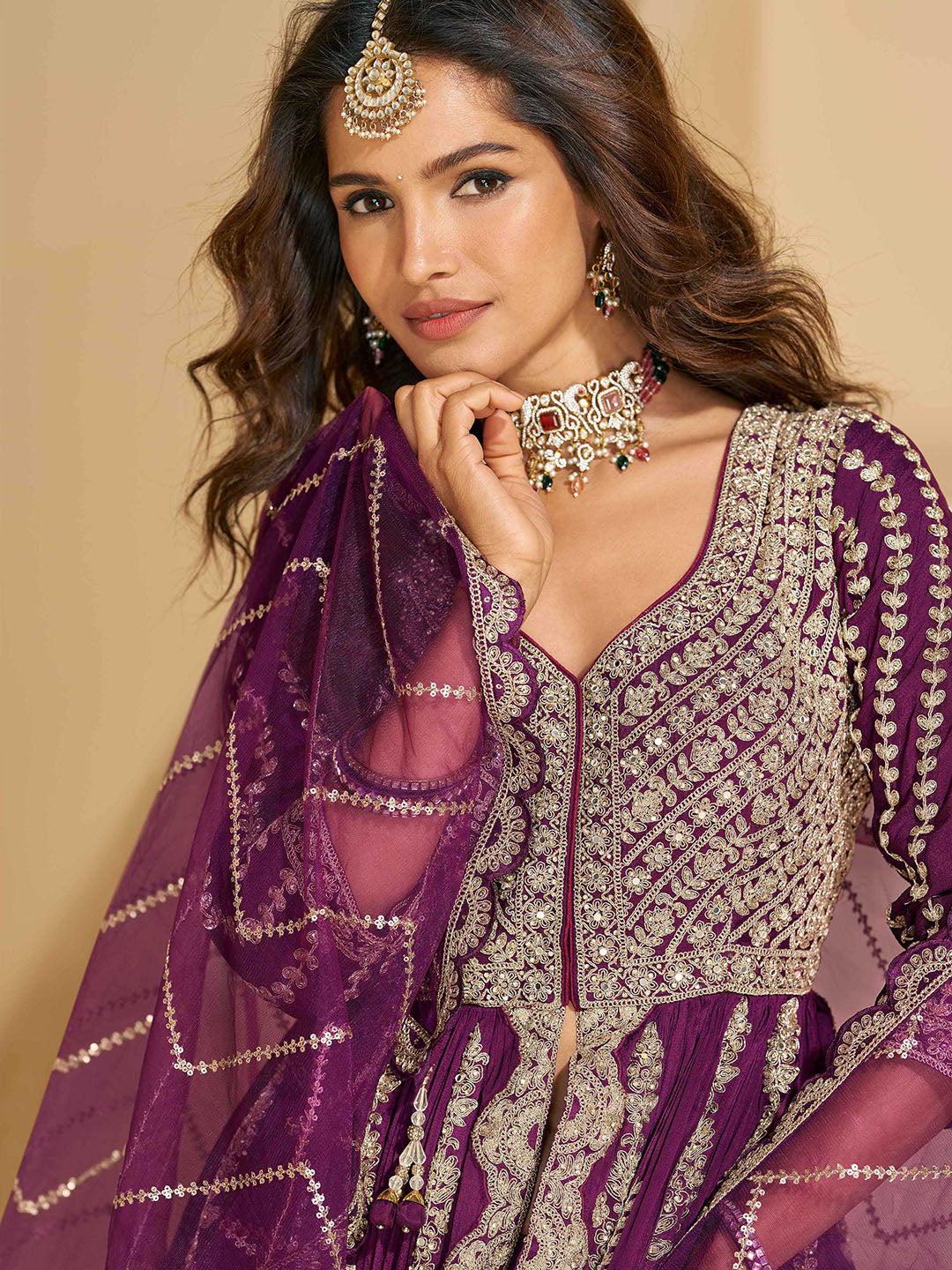 Embroidered Chinon Kurta With Plazzo &amp; Dupatta