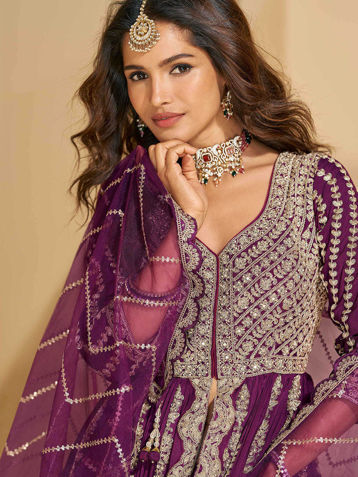 Embroidered Chinon Kurta With Plazzo &amp; Dupatta