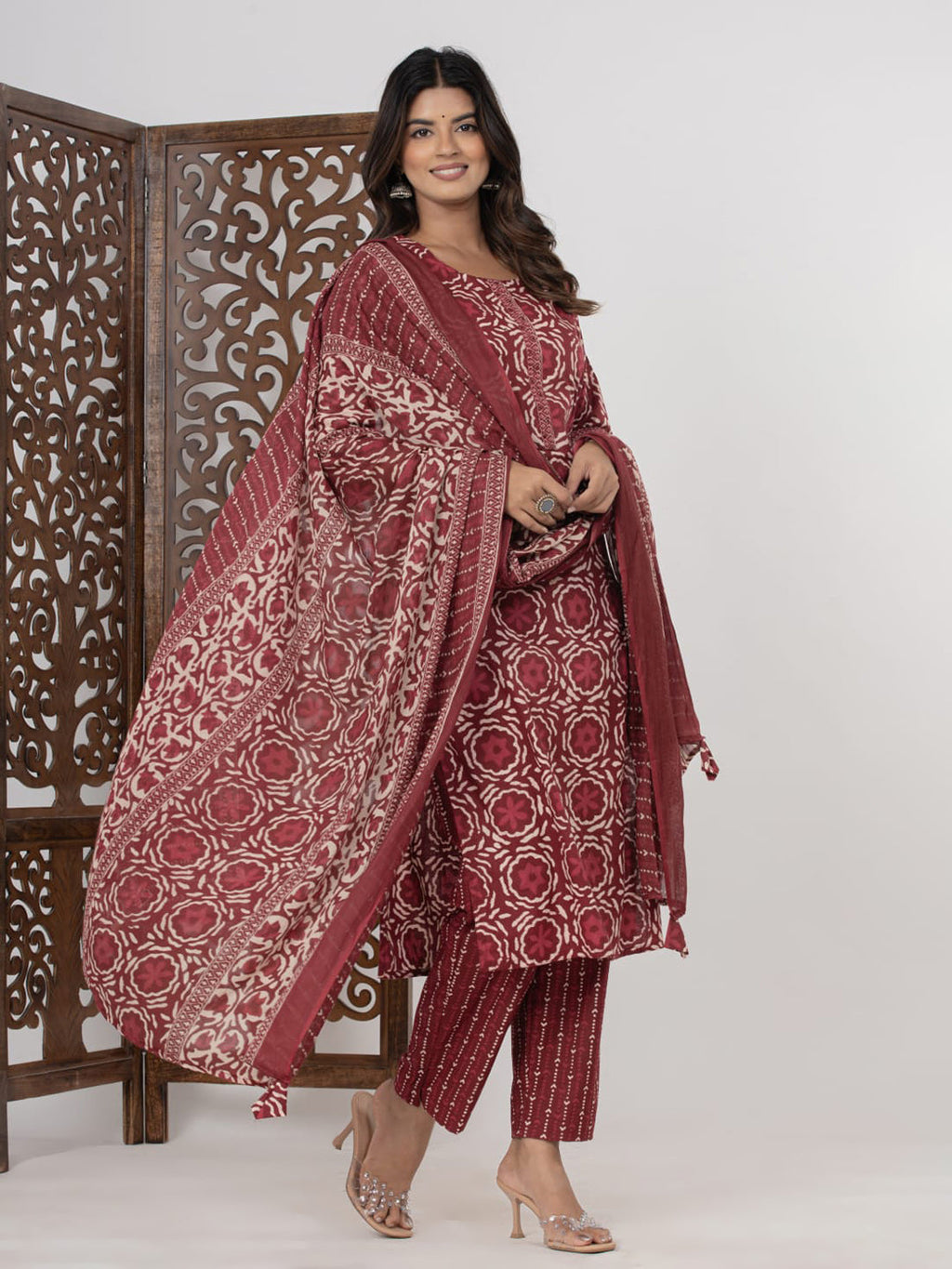 Maroon Embroidered Cotton Blend Straight Suit Set With Dupatta