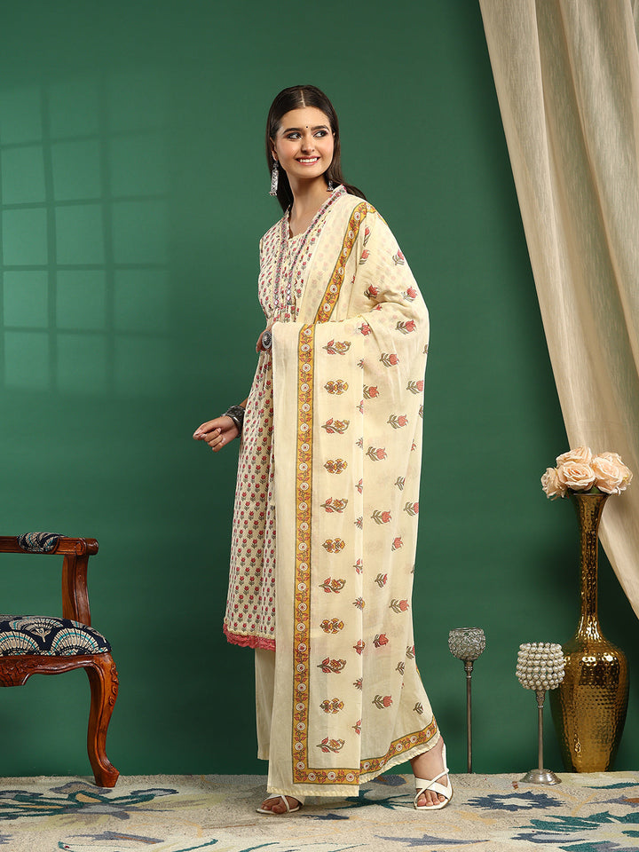 Printed Cotton Blend Kurta With Pant &amp; Dupatta