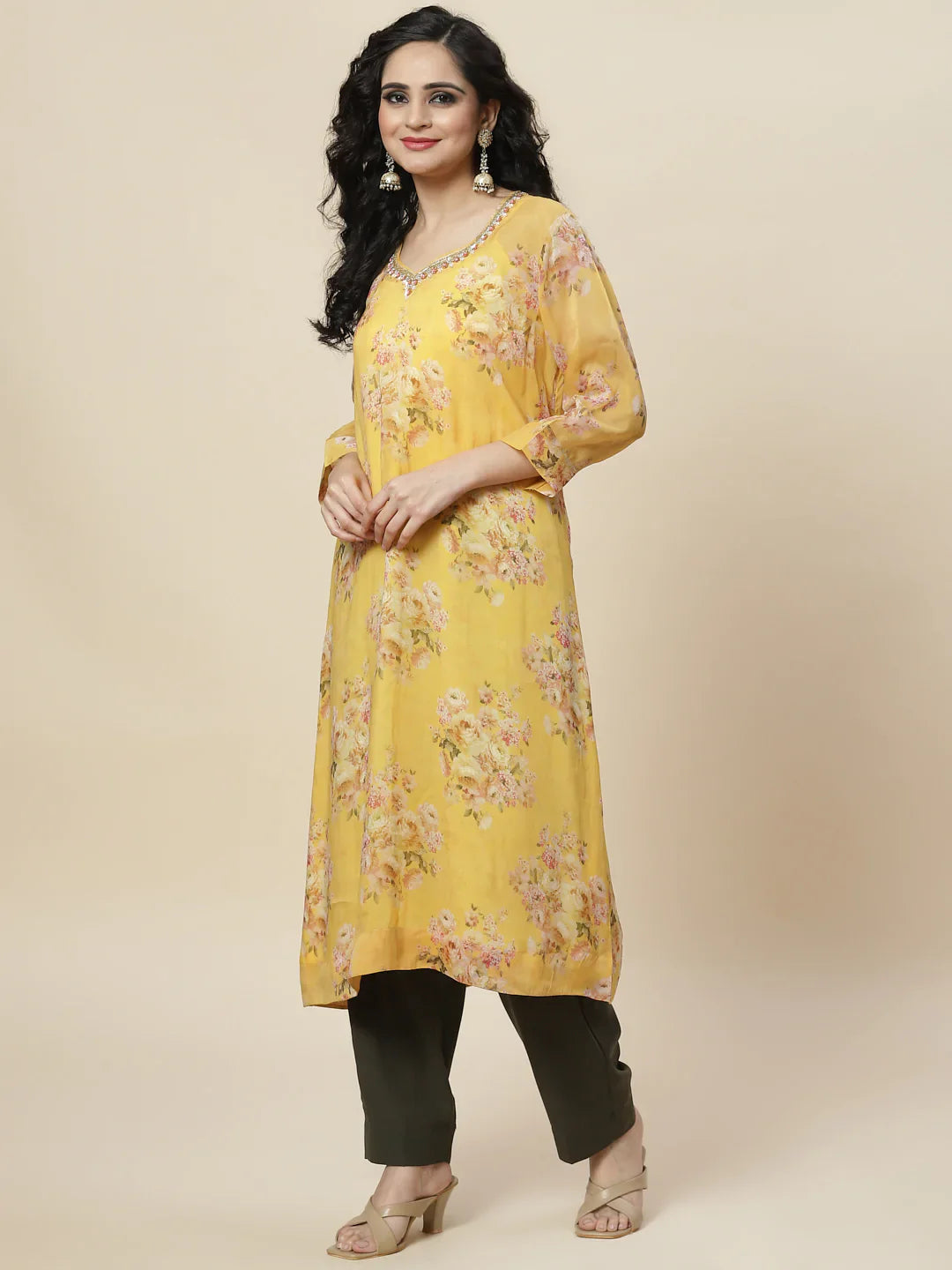 Floral Printed Organza Kurta With Palazzo &amp; Inner