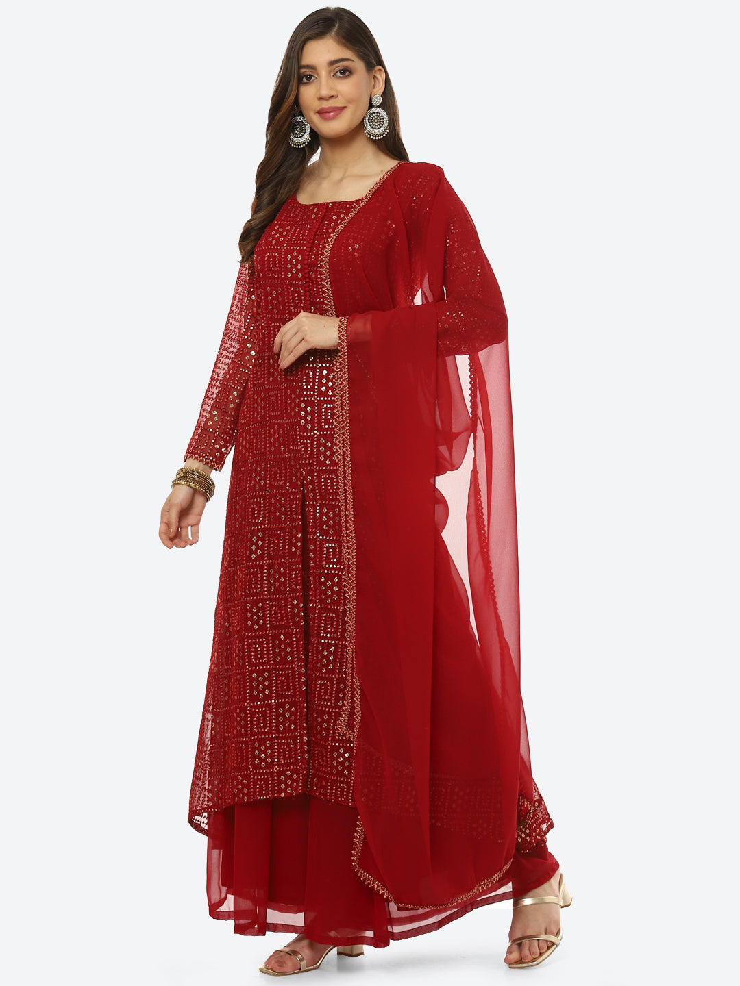 Sequin Embroidered Art Georgette Kurta With Palazzo &amp; Georgette Dupatta