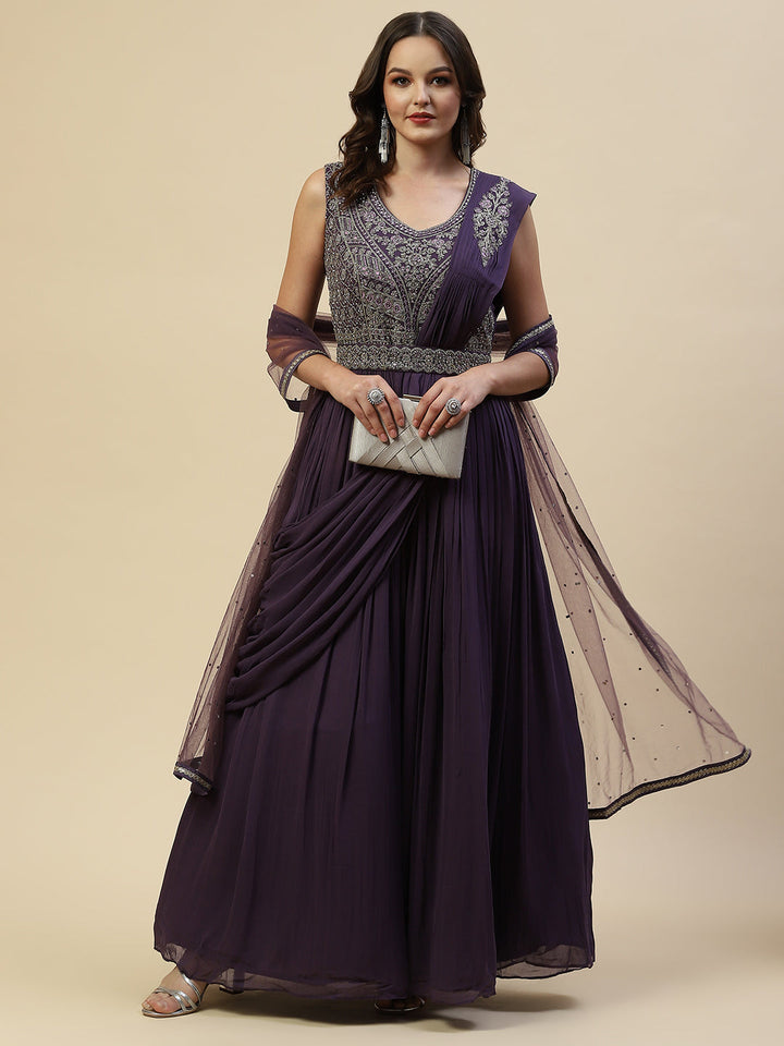 Resham Sequin Embroidered Georgette Kurta With Churidar &amp; Dupatta