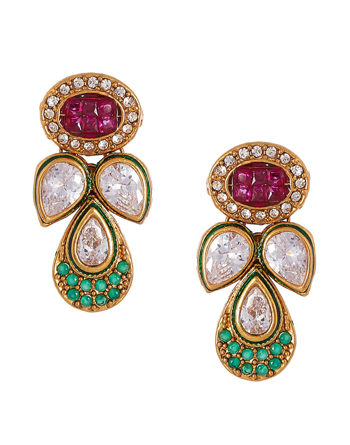 Gold Plated Colored Stone Necklace Set With Earrings