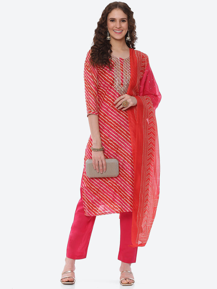 Leheriya Gota Work Chanderi Kurta With Pant &amp; Dupatta