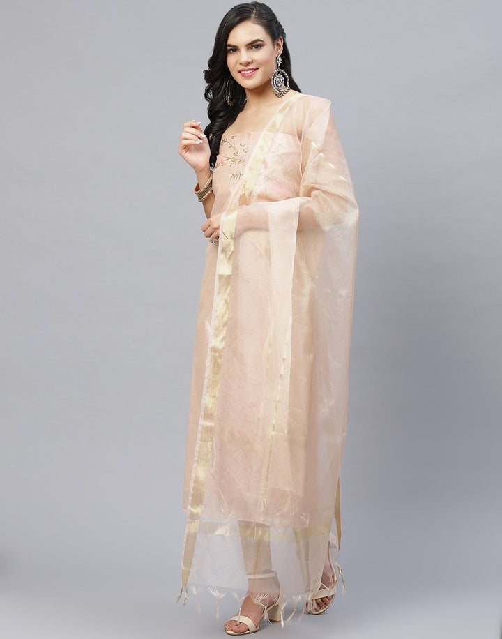 Embroidered Cotton Chanderi Suit Piece With Organza Dupatta