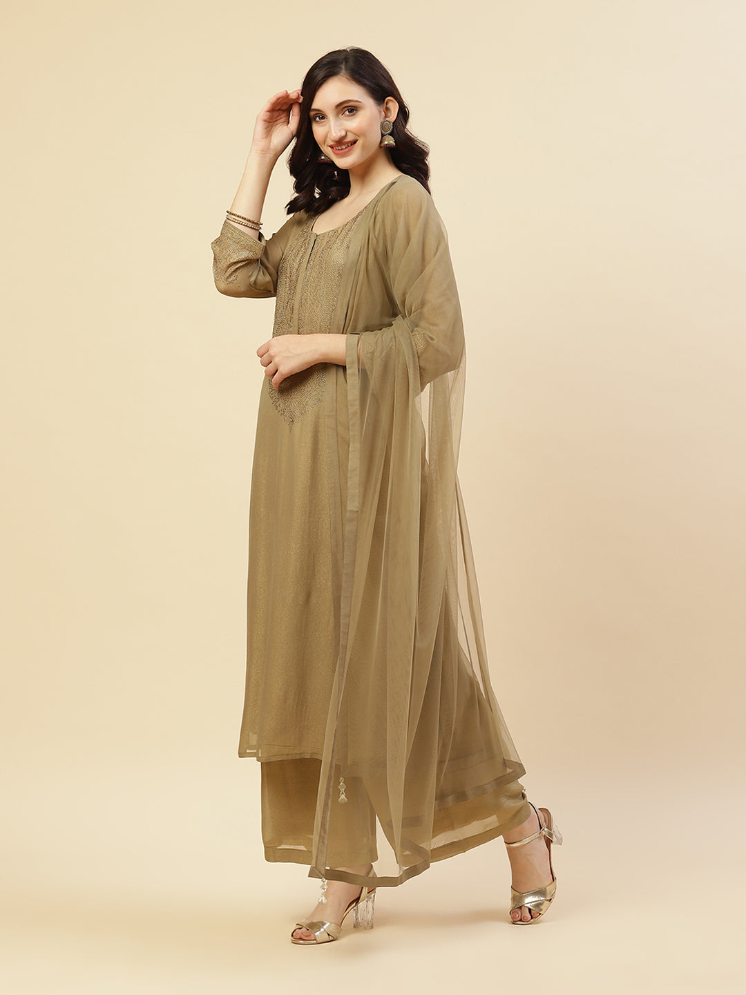 Embroidered Georgette Kurti With Palazzo And Dupatta