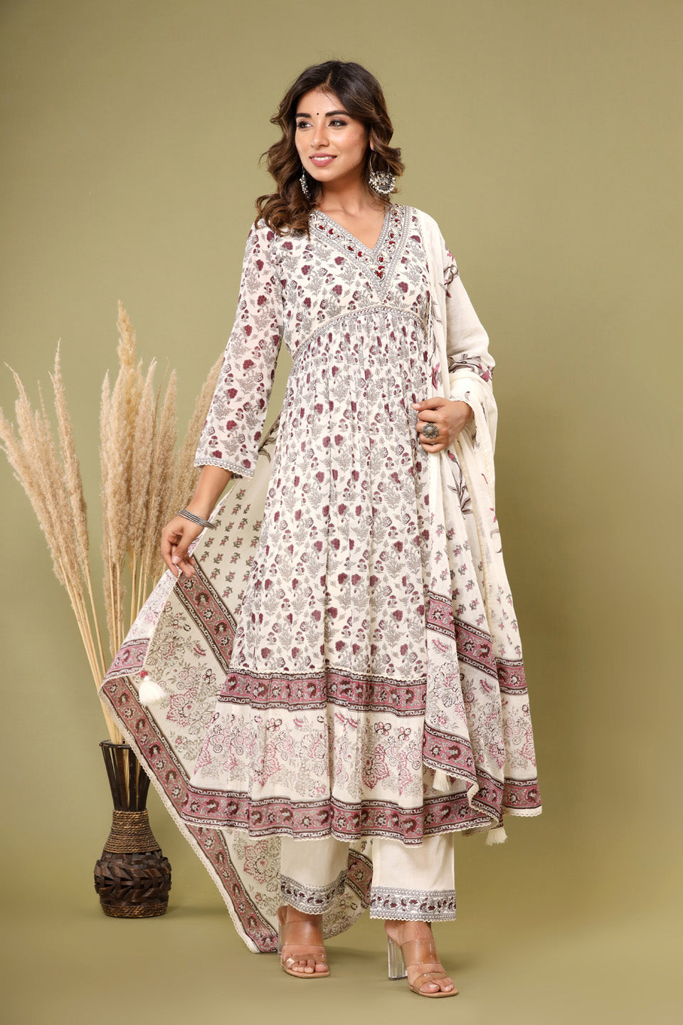 Printed Cotton Kurta With Pants &amp; Dupatta