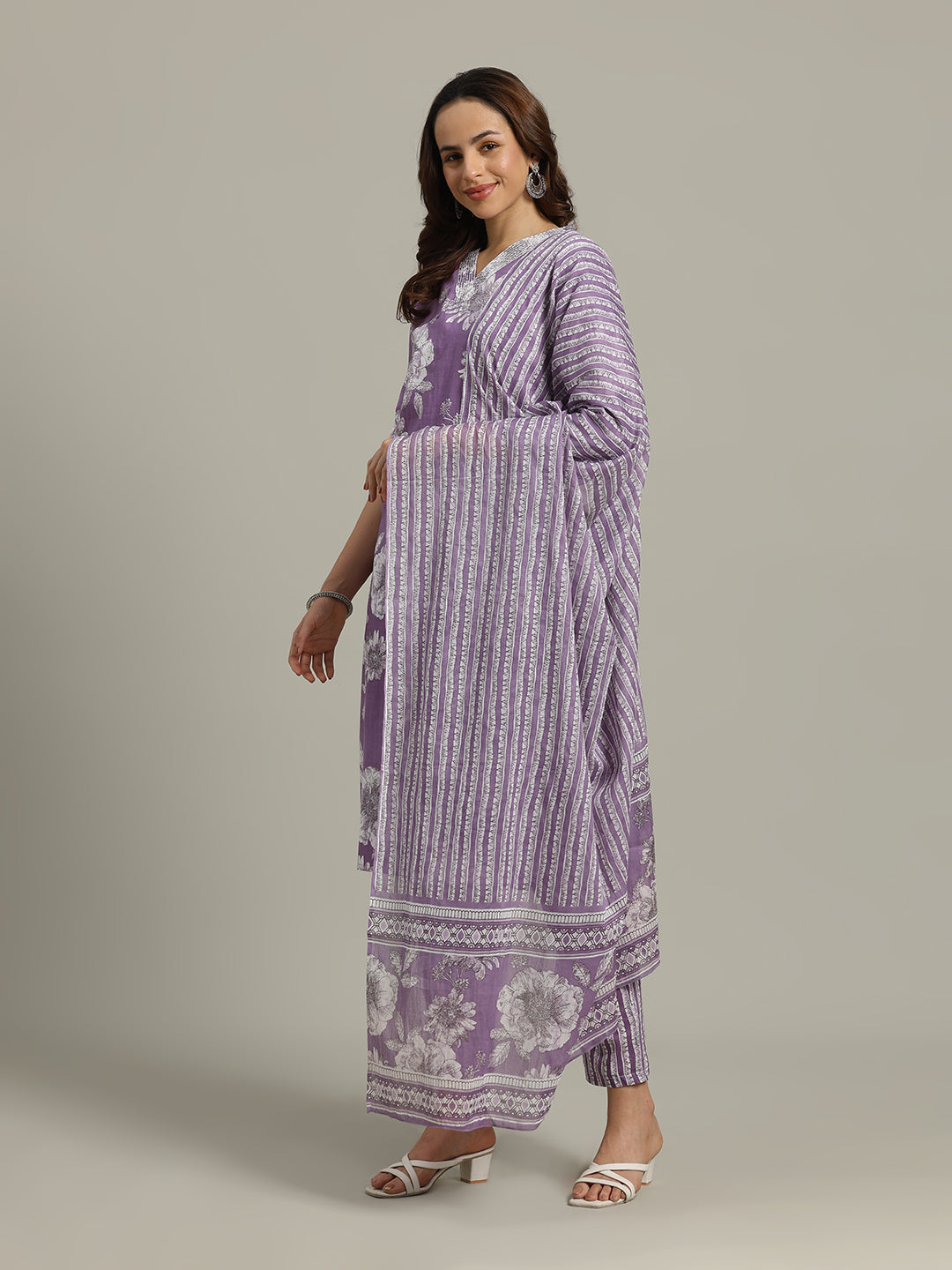Floral Parinted Cotton Blend Kurta With Pants &amp; Dupatta