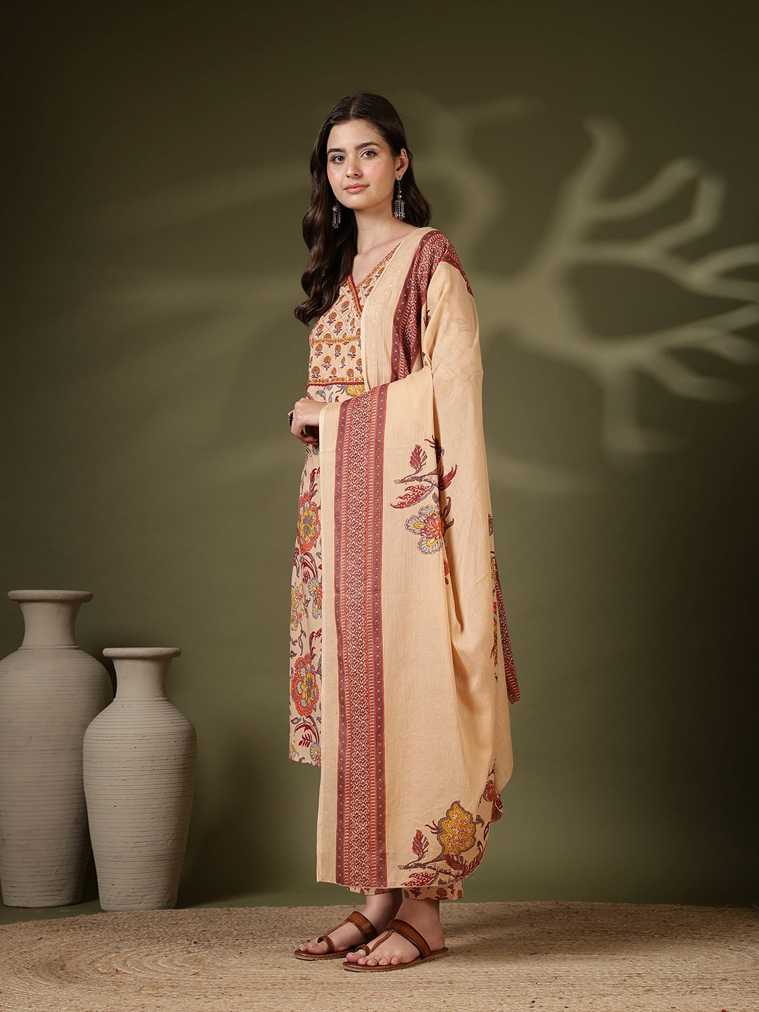 Printed Cotton Blend Kurta With Pant &amp; Dupatta