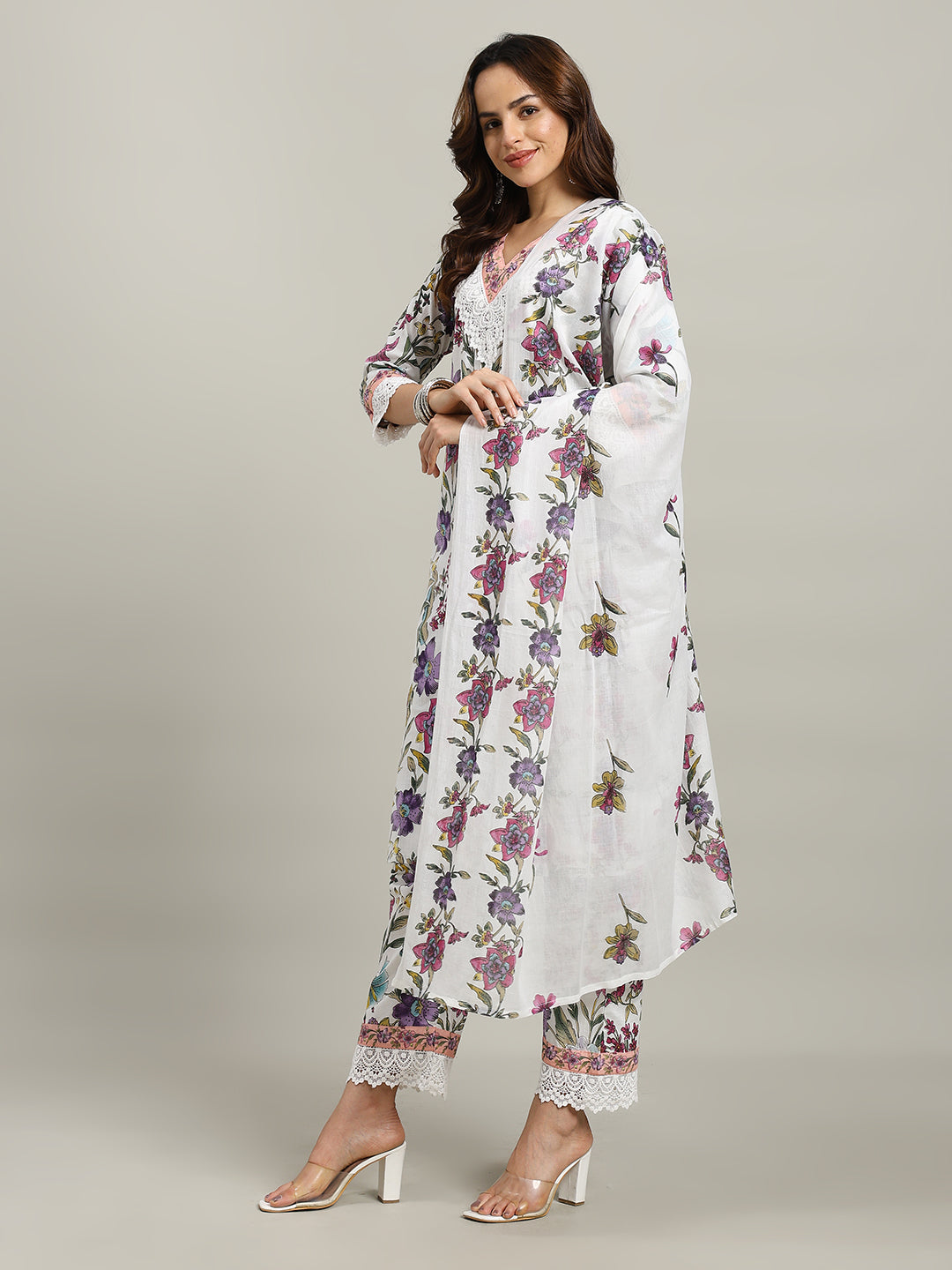 Floral Parinted Cotton Blend Kurta With Pants &amp; Dupatta