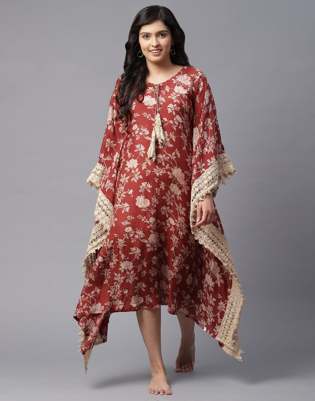 Cotton Printed Kaftan with Lace Detail