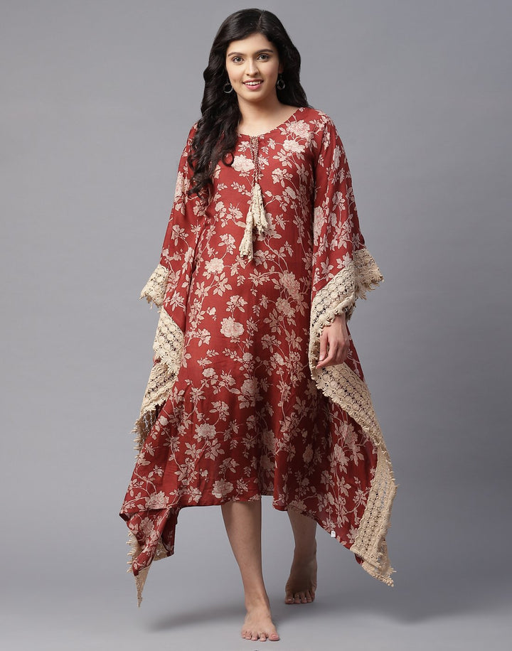 Cotton Printed Kaftan with Lace Detail