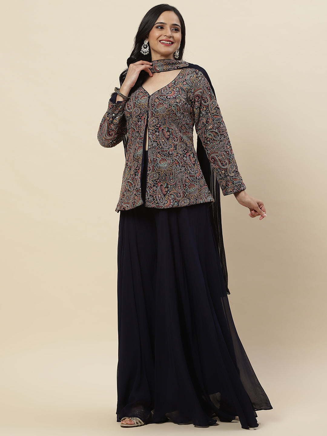 Embroidered Georgette Jacket Style Top With Palazzo &amp; dupatta