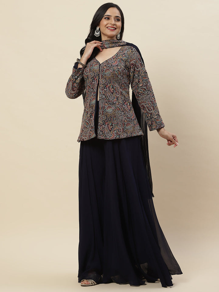 Embroidered Georgette Jacket Style Top With Palazzo &amp; dupatta