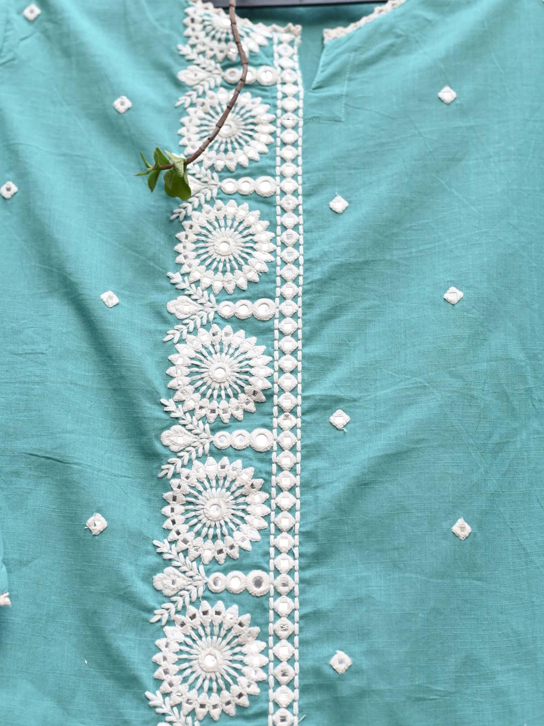 Embroidered Cotton Kurta With Pants &amp; Dupatta