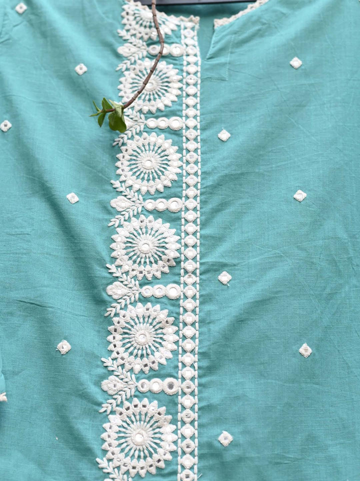 Embroidered Cotton Kurta With Pants &amp; Dupatta