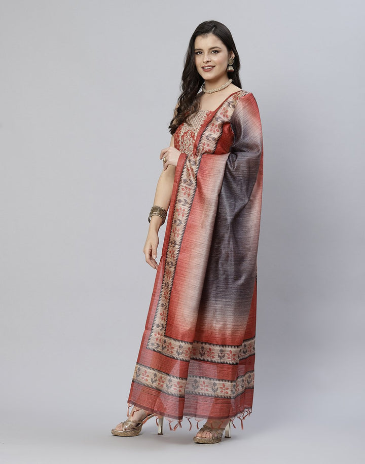 Printed Chanderi Suit Piece With Embroidered Yoke