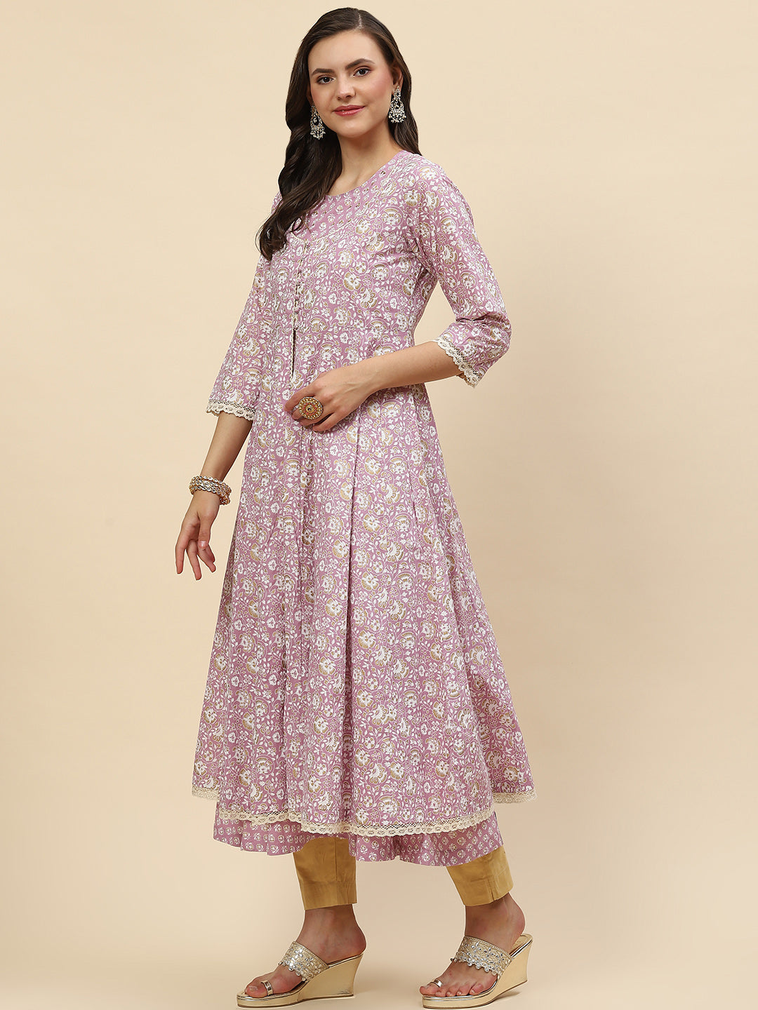 Floral Printed Cotton Anarkali Kurta With Jacket