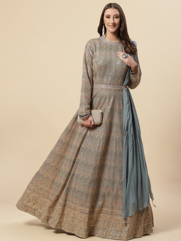 Sequin Embroidered Georgette Anarkali Kurta With Churidar &amp; Dupatta