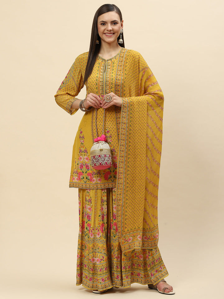 Floral Digital Printed Crepe Kurta With Sharara &amp; Net Dupatta