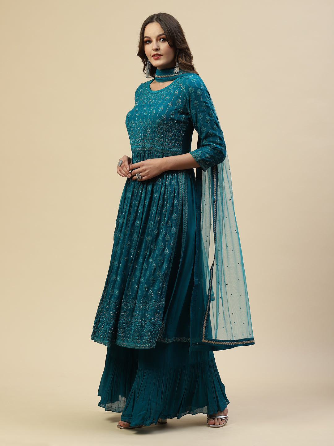 Embroidered Georgette Kurta With Palazzo & Dupatta