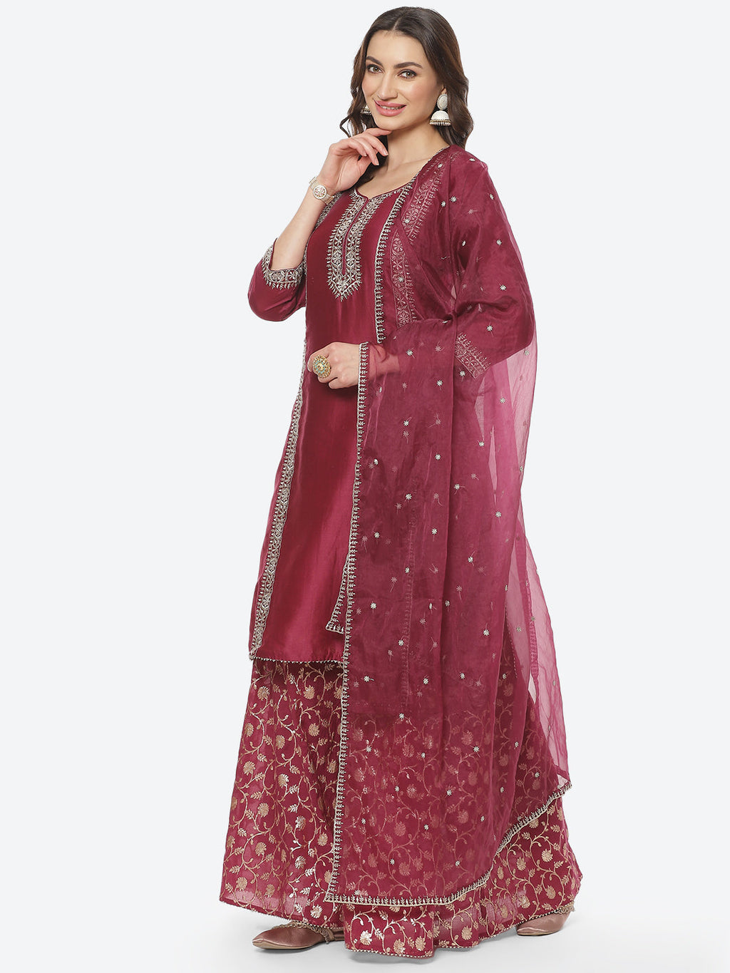 Embroidered Zari Cotton Stitched Salwar Kameez With Organza Dupatta