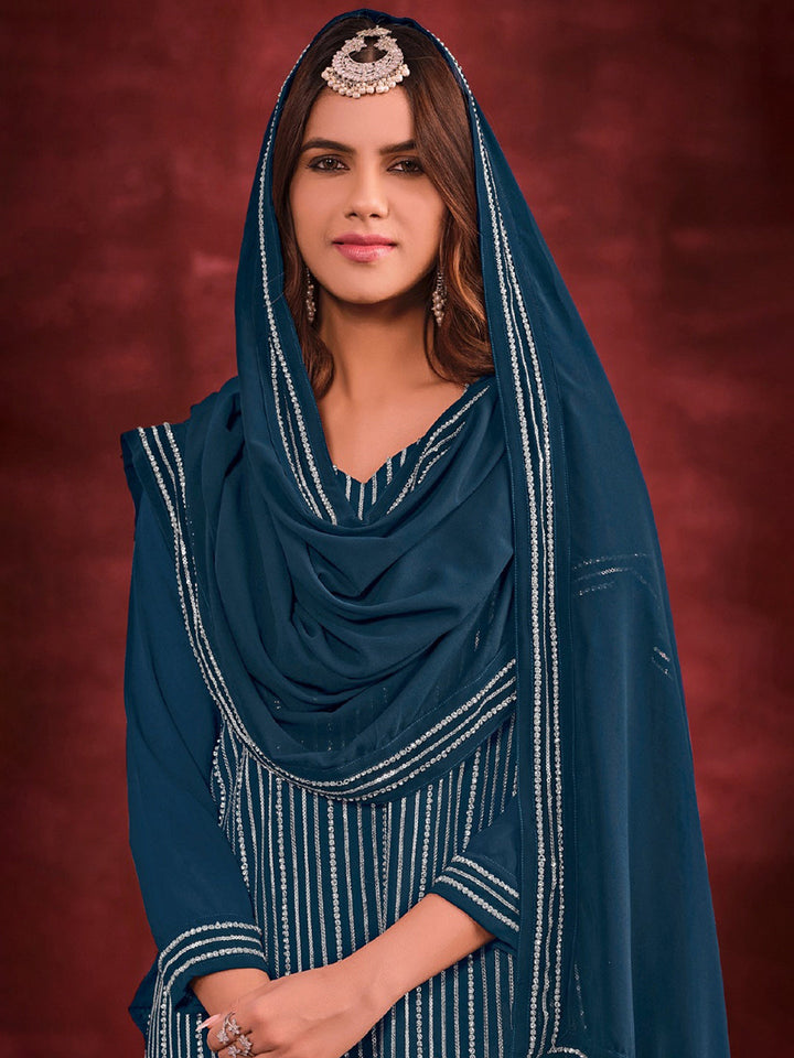 Embroidered Georgette Kurta With Sharara &amp; Dupatta