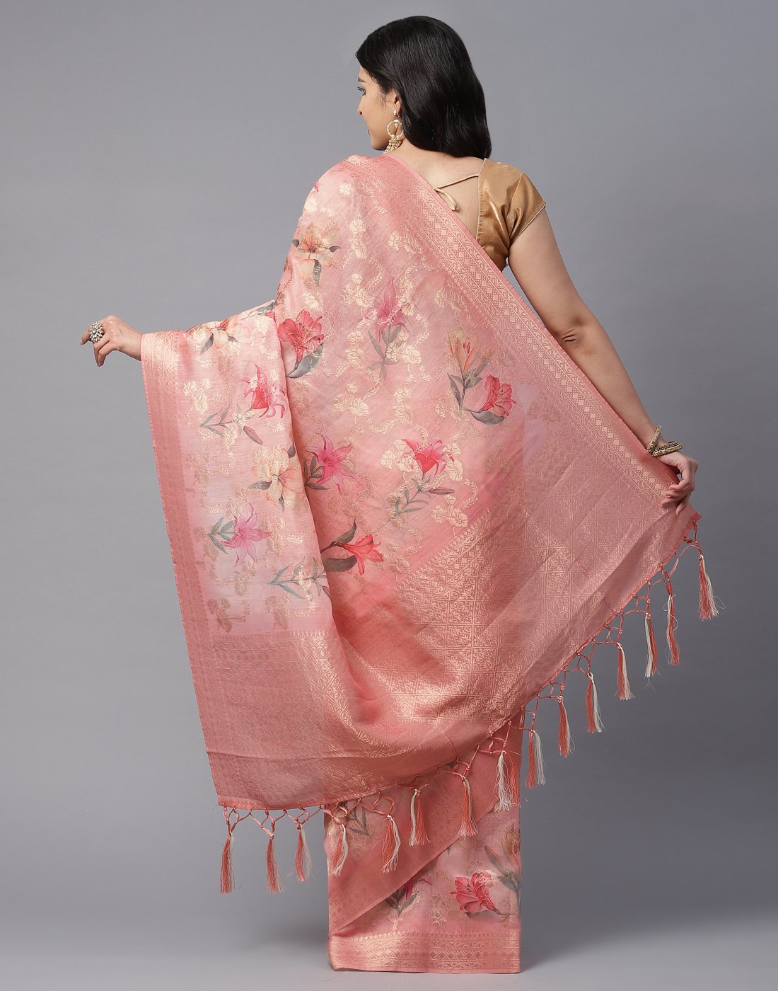 Floral Printed Cotton Linen Saree