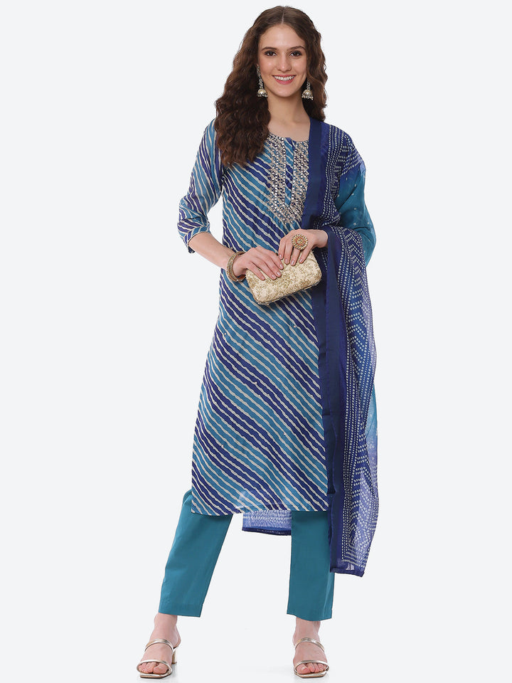 Leheriya Gota Work Chanderi Kurta With Pant &amp; Dupatta