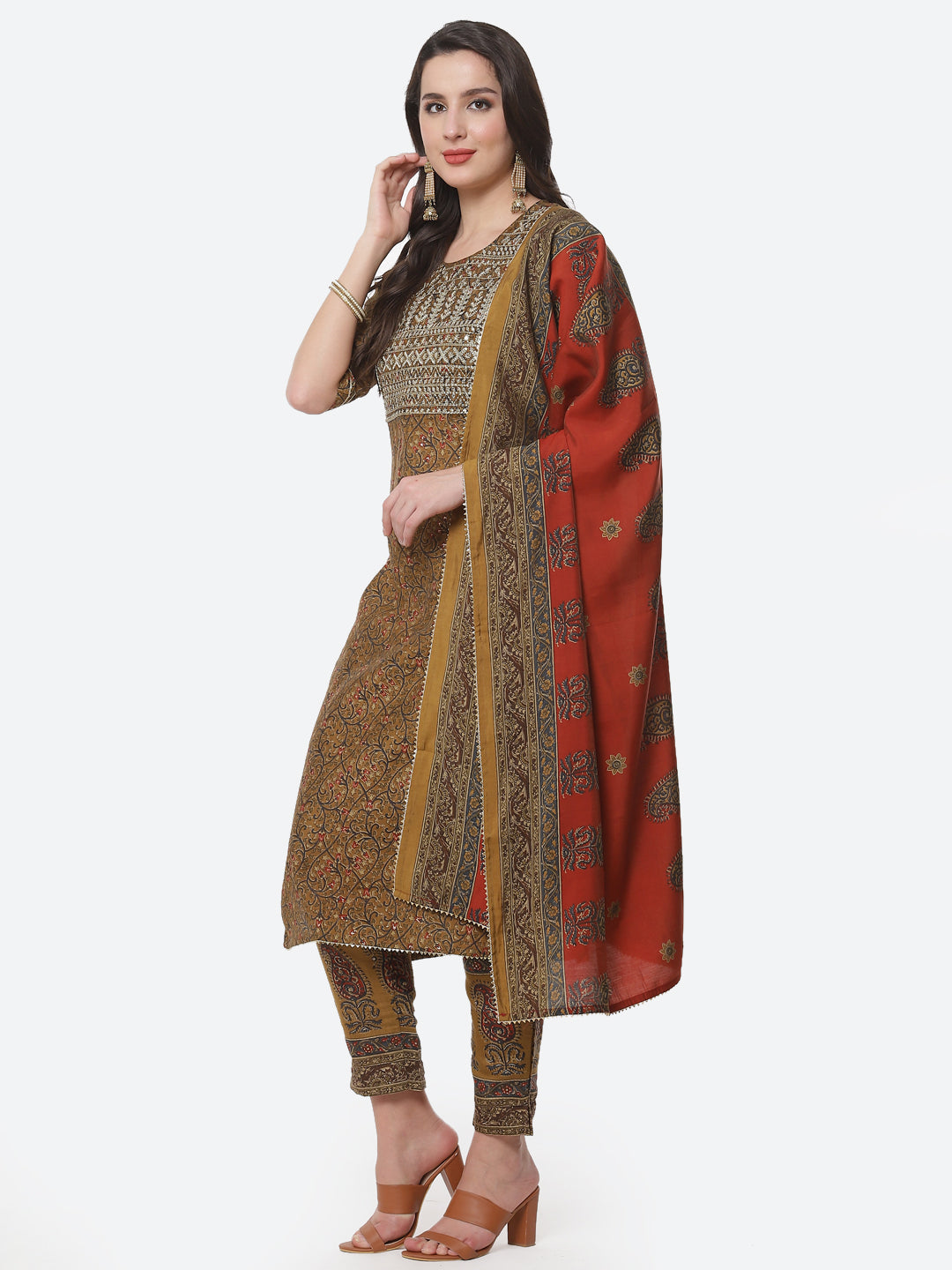 Cotton Muslin Printed Straight Kurti with Pant and Dupatta