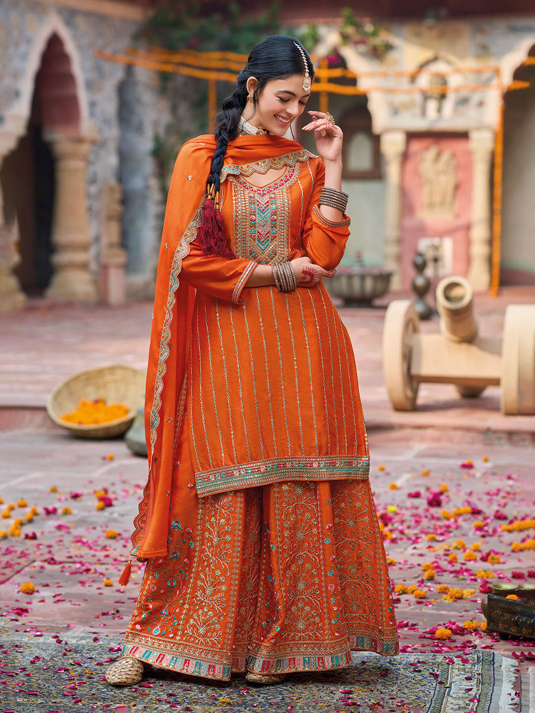 Embroidered Chinon Kurta With Plazzo &amp; Dupatta