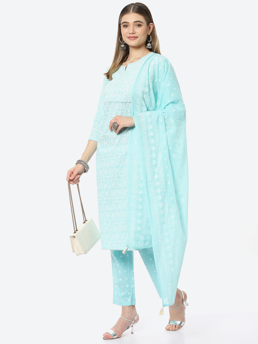 Resham Neck Booti Printed Cotton Kurta With Pant &amp; Cotton Dupatta
