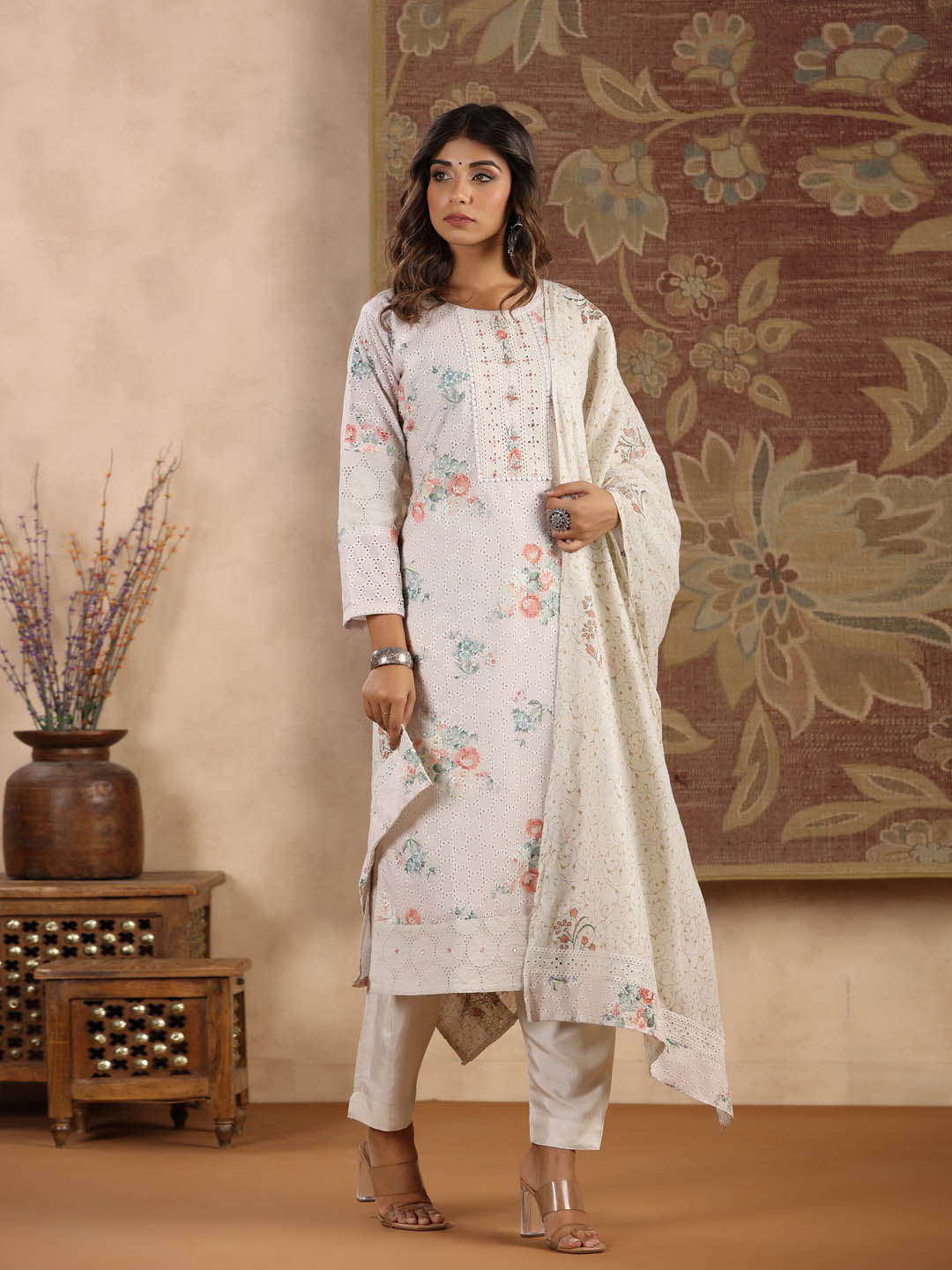 Printed Cotton Kurta With Pants &amp; Dupatta