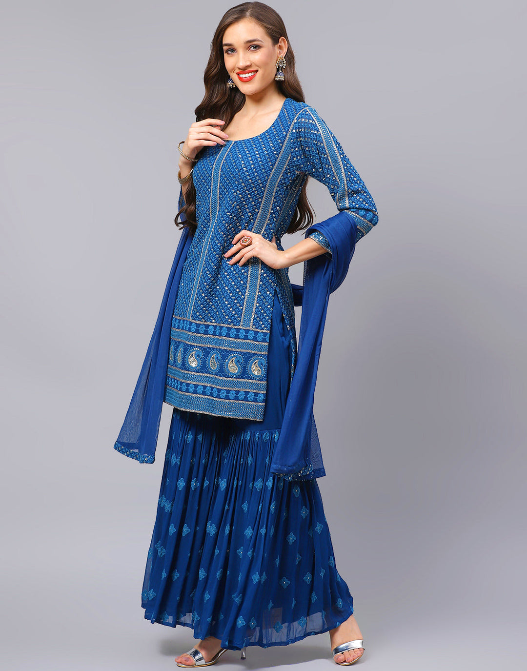 Sequin Georgette Kurti With Sharara &amp; Net Dupatta