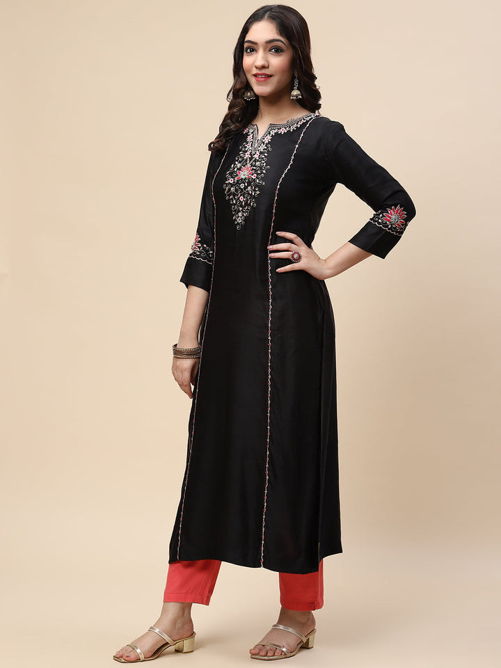 Neck Embroidered Satin Kurta