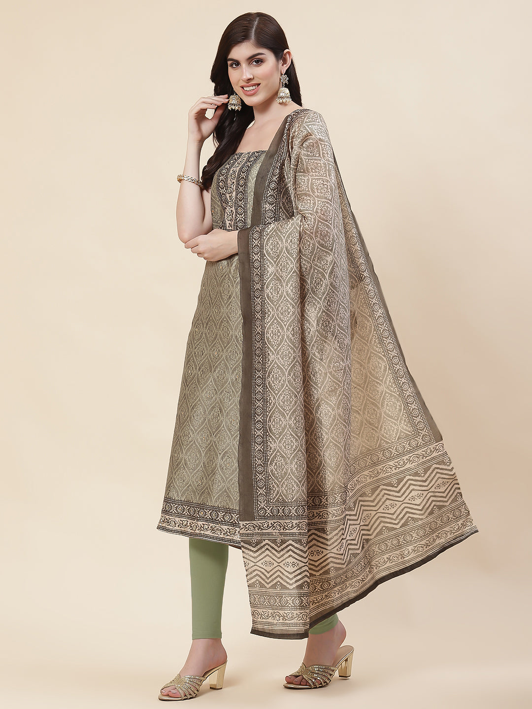 Printed Chanderi Unstitched Suit Piece With Dupatta
