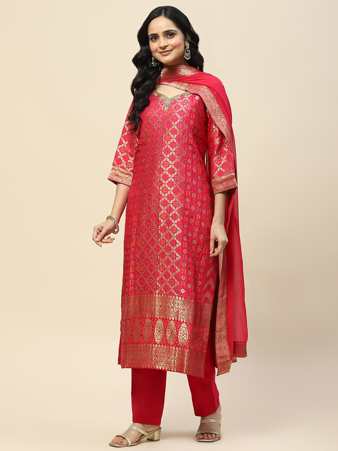 Woven Banarasi Kurta With Pants &amp; Dupatta