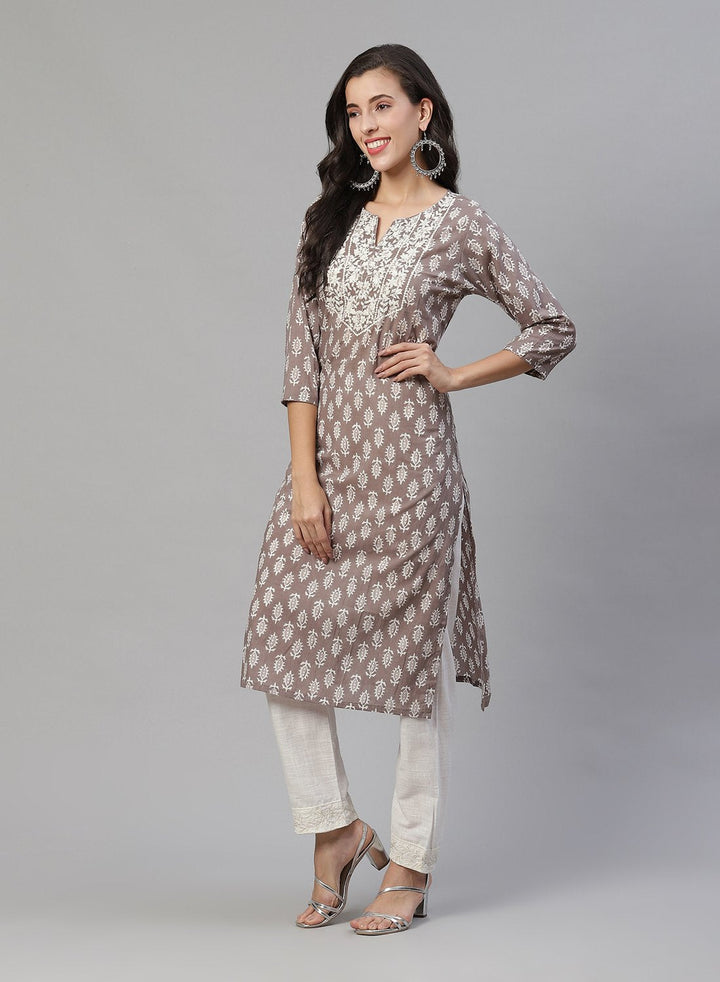 Yoke Embroidered Cotton Printed Kurti Pant Set