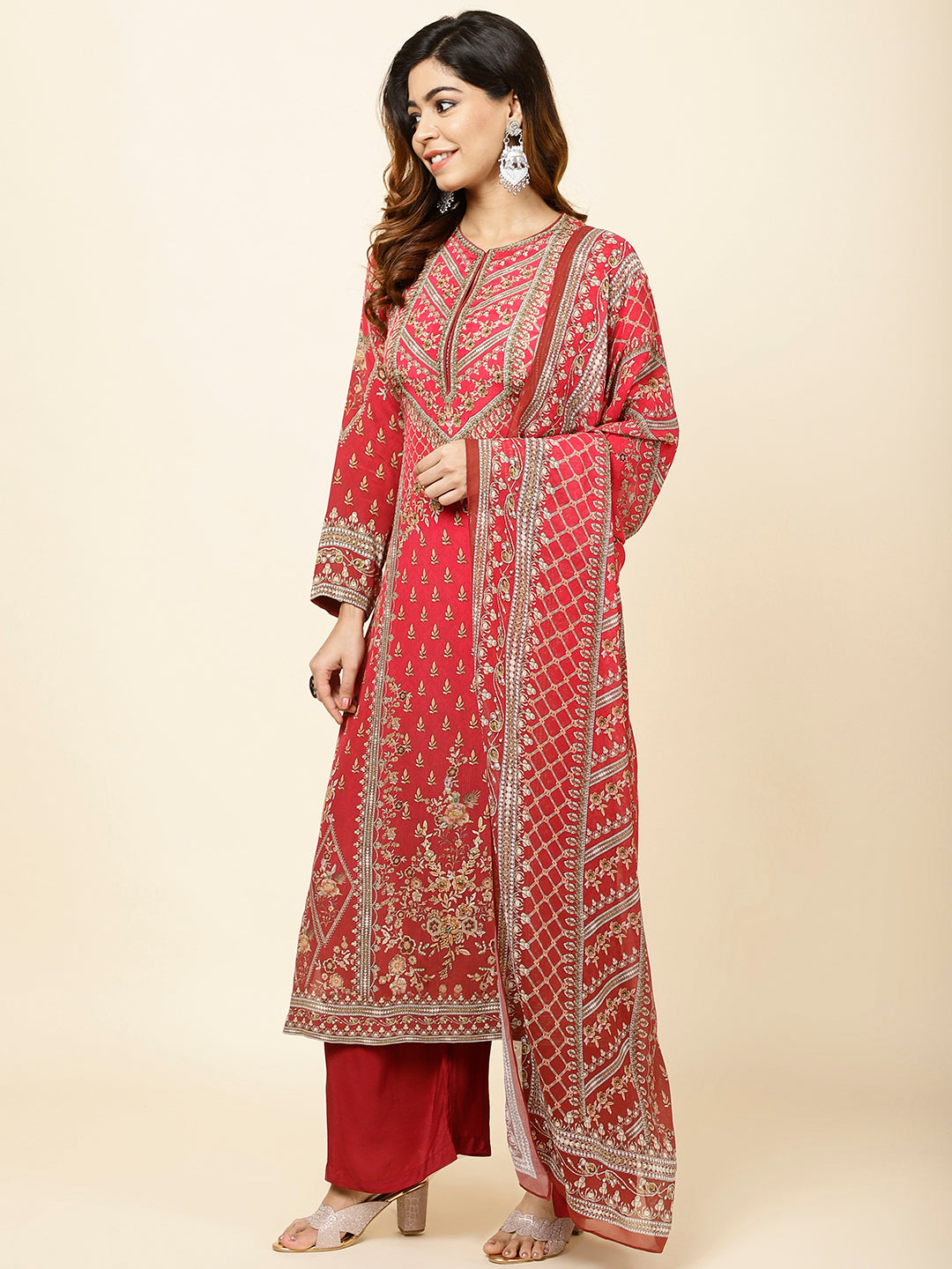 Floral Digital Print Crepe Kurta With Palazzo &amp; Dupatta