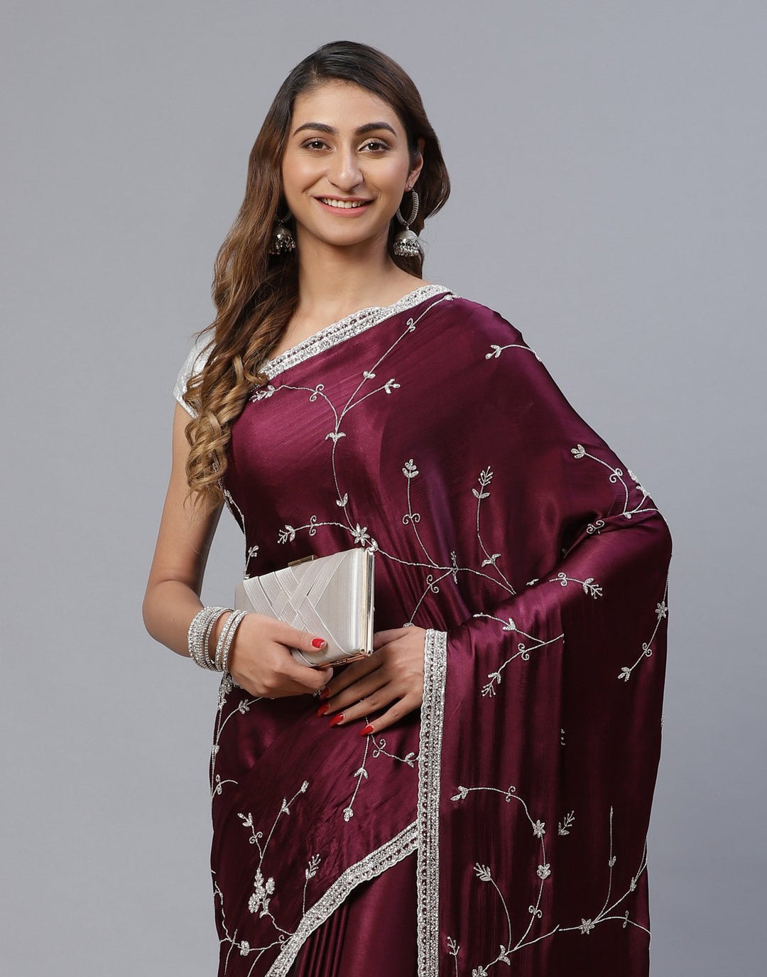Embroidered Satin Saree With Stone Work