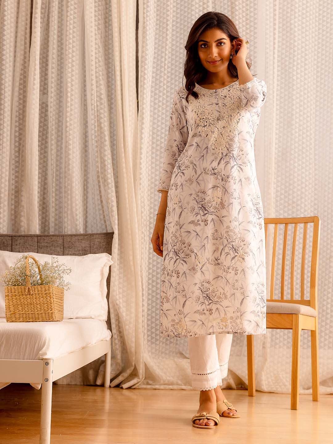 Printed Cotton Kurta With Pants &amp; Dupatta